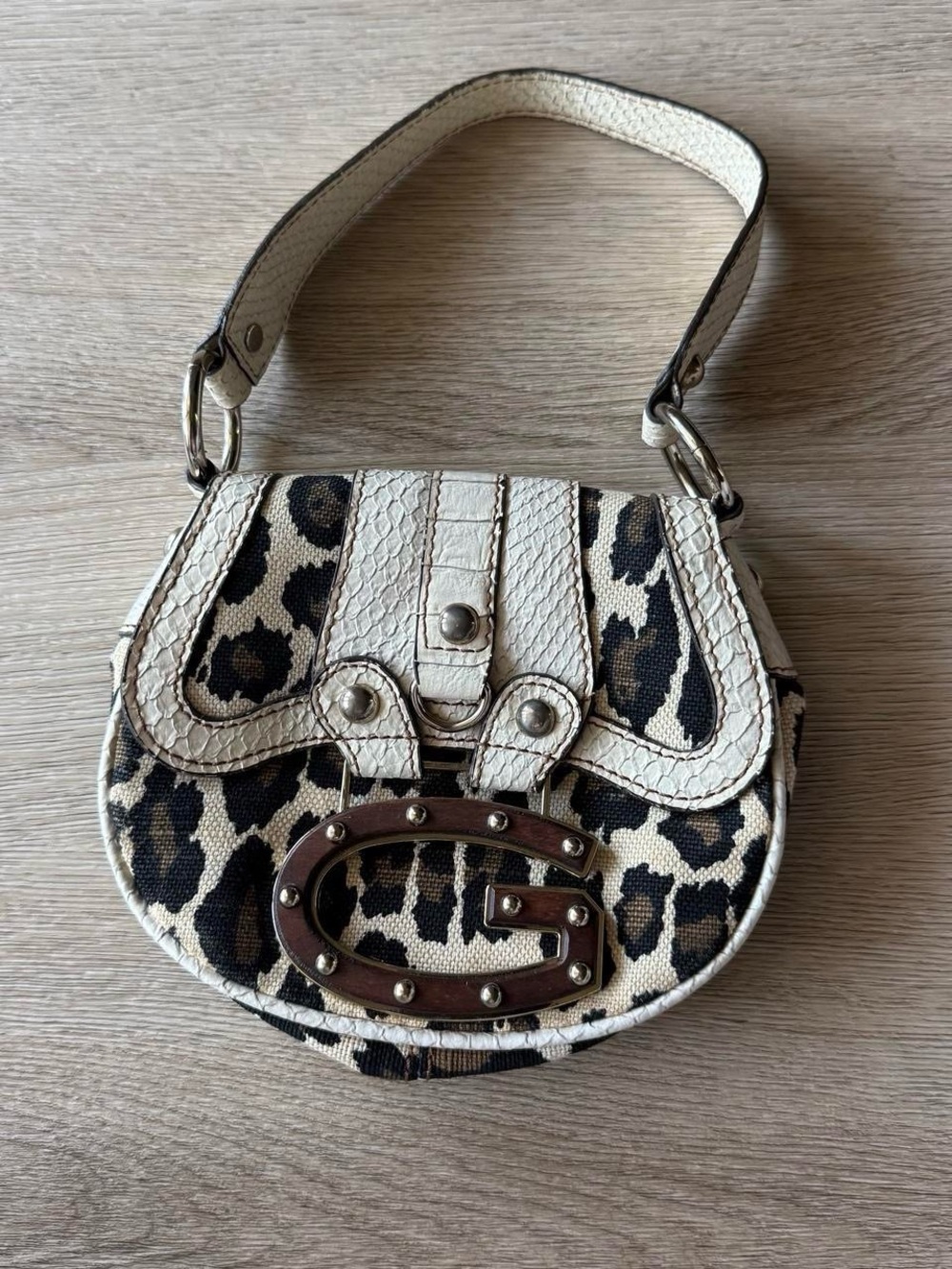 Guess Leopard Print Mini Shoulder Bag in Cream and Black